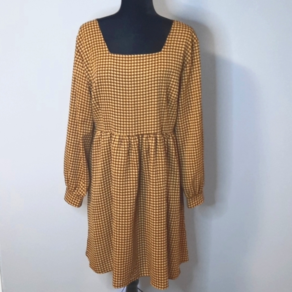 Retro Style Long Sleeve Square Neck Houndstooth Midi Dress